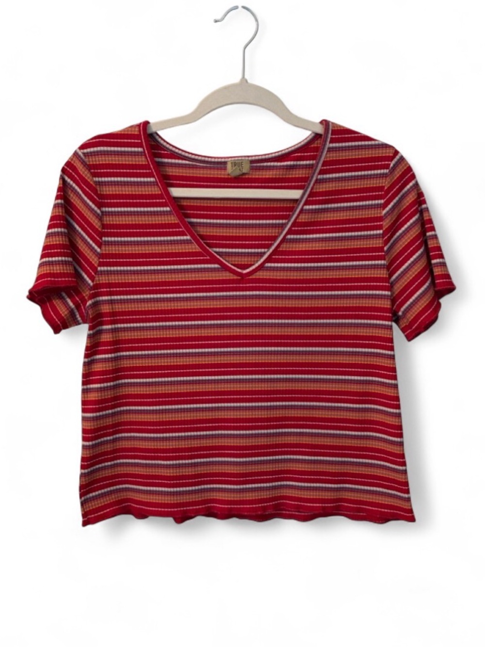 True Craft Red Striped V-Neck Top